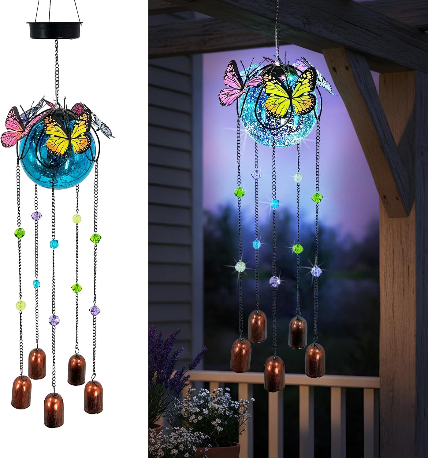 Butterfly Wind Chimes for Outside,Plastic Ball Dangle Solar Lights Outdoor,Waterproof Hanging Yard Decorations for Garden,Patio,Porch