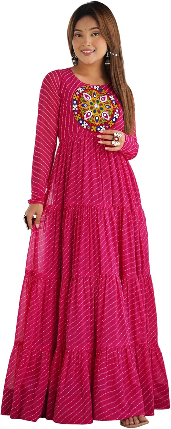 RadhikaRani Indian Style Pure Soft Georgette Laheriya Print and Yoke Fancy Gamthi Work Patch Anarkali Gown with Pant