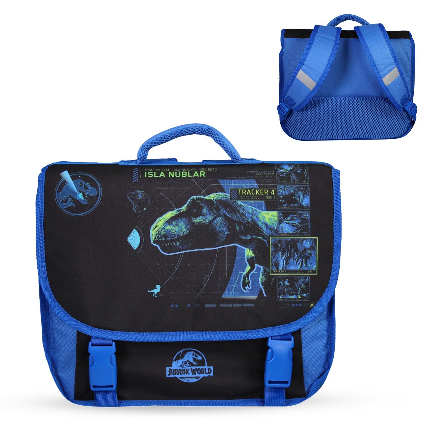 Bagtrotter - Cartable 38 cm - Jurassic World Noir et Bleu - Primaire - Dos et bretelles rembourrés - Poche bouteille - Licence Officielle Jurassic World