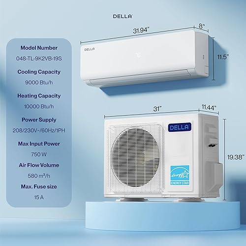 Miniatura 9 de DELLA Vario Series - Aire acondicionado mini split de 9000 BTU, funciona con Alexa y Wifi, 230 V 20 SEER2, Energy Star, enfría hasta 400 pies