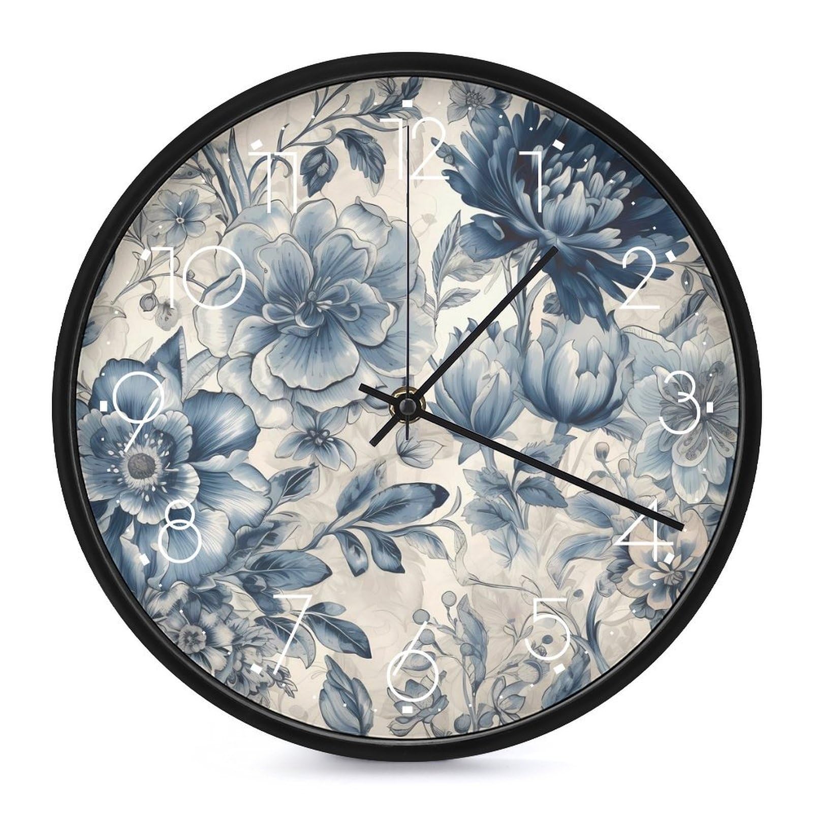 Horloge murale ronde de 25,4 cm avec motif fleurs bleues et cadran silencieux pour maison