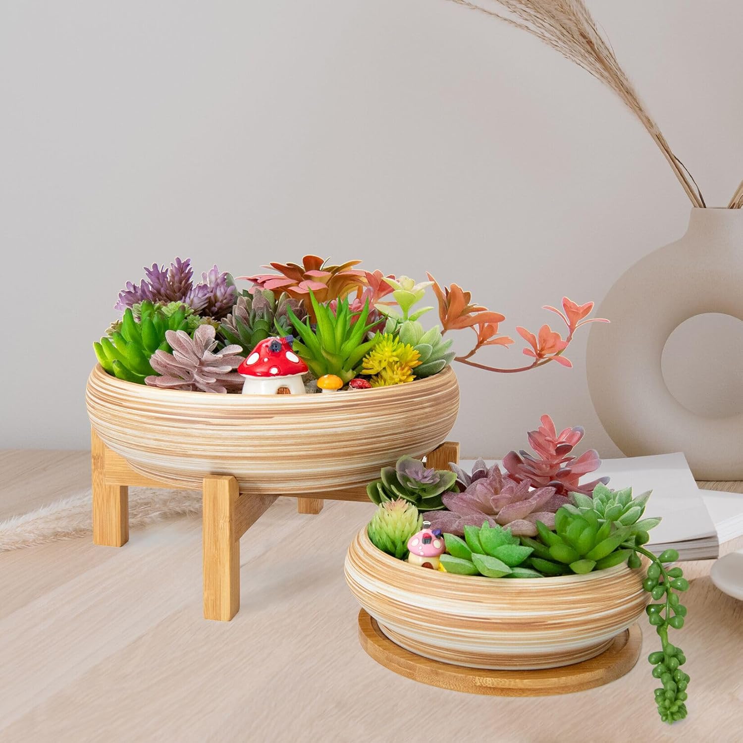 Succulent Pots - 7.3/10 Inch Large Plant Pot Ceramic Bonsai Planter with Drainage Tray, Shallow Planters for Succulents Cactus Flower Small Plants Birthday Gifts for Women