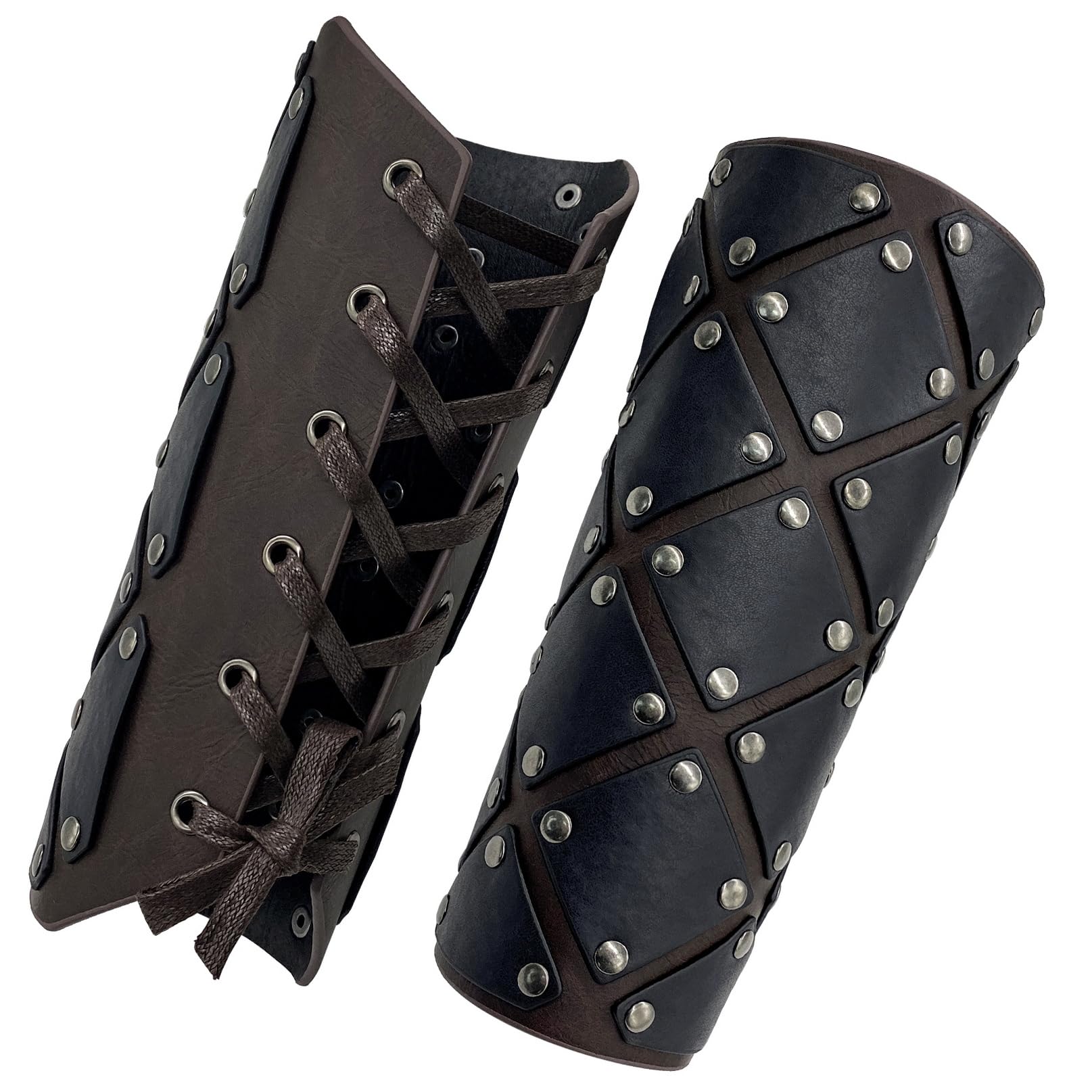 Medieval Vintage Faux Leather Bracers,Viking Gauntlet Wristband,Wide Mercenary Arm Guards,Renaissance Knight Arm Cuff Armor for LARP (Dark Brown B) - Image 2