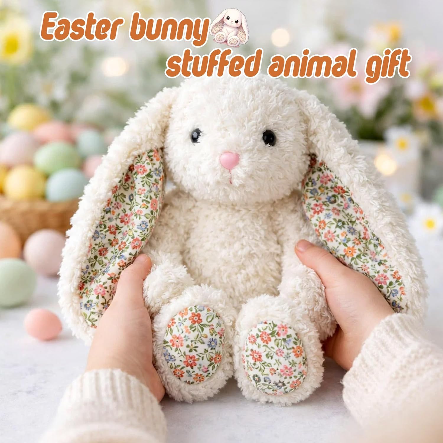 Floral Bunny Stuffed Animal Cream French Style Blossom Romantic Rabbit Plush Toy Easter Stuffers Birthday Gifts Girlfriend Kids Party Favors Home Aesthetic Bedroom Decoration 8.7 Inch 9.5 oz