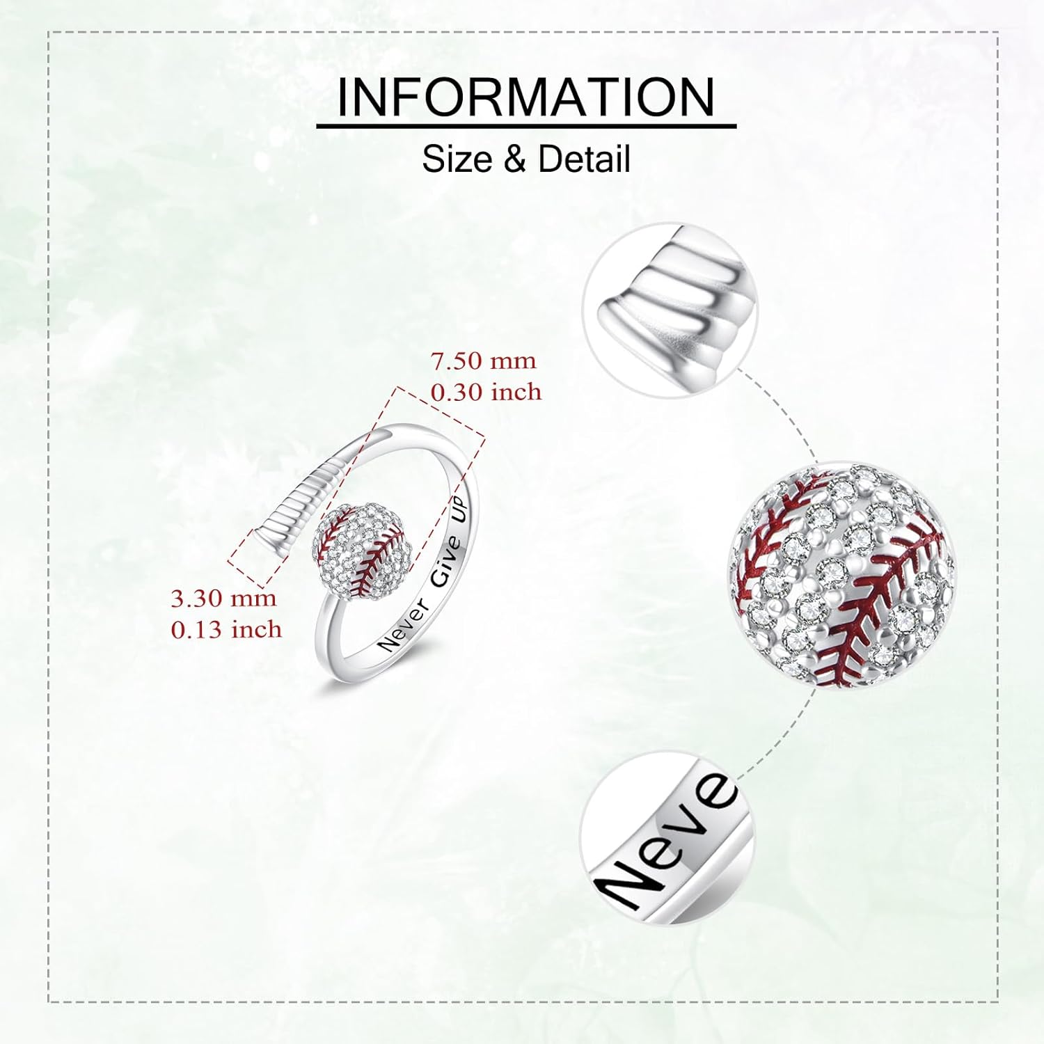 URONE Baseball Rings 925 Sterling Silver Open Ring Baseball Sport Jewelry Gift for Women - Image 4