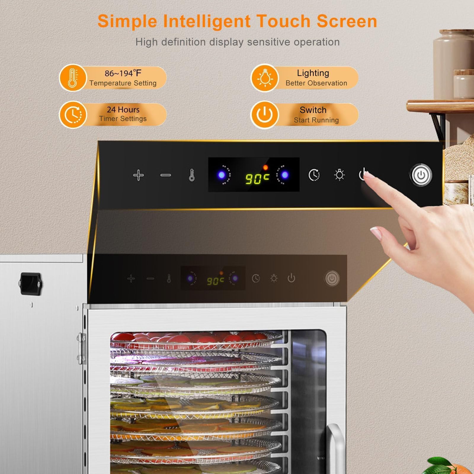 Deshidratador De Alimentos, Secador De Frutas De Acero Inoxidable, Secado Giratorio De 360°, Ajuste De Temperatura De 30 a 90 °C, Ajuste Del Temporizador De 24 Horas, Para Frutas, Verduras, Carne