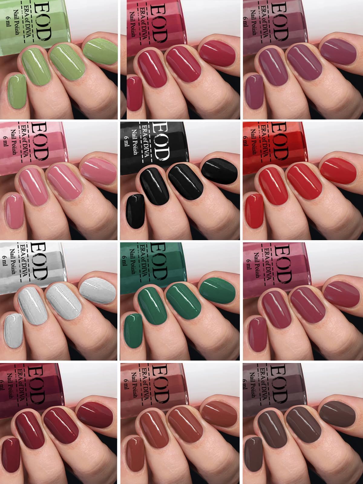 6Ml Each Glossy Finish Shine Long Lasting Nail Polish Paint Set Of 12 Bottles Tomato Red::Black::Extra Shine Top Coat::Baby Pink::Old Brick::Pink Peach::Nude::Dark Nude(Pack Of 12)