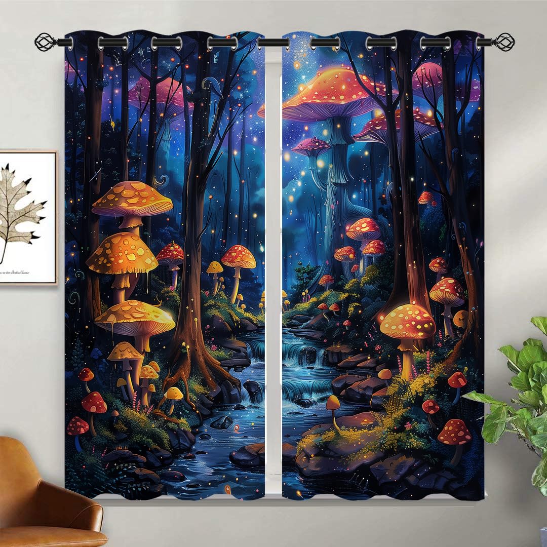 XINBADU Fairy Tale Forest Blackout Curtains for Girls Boy Home Decor, Fantasy Mushroom Forest Grommet Thermal Insulated Drapes Darkening Window Curtain for Bedroom Living Room, 42 x 45 Inch