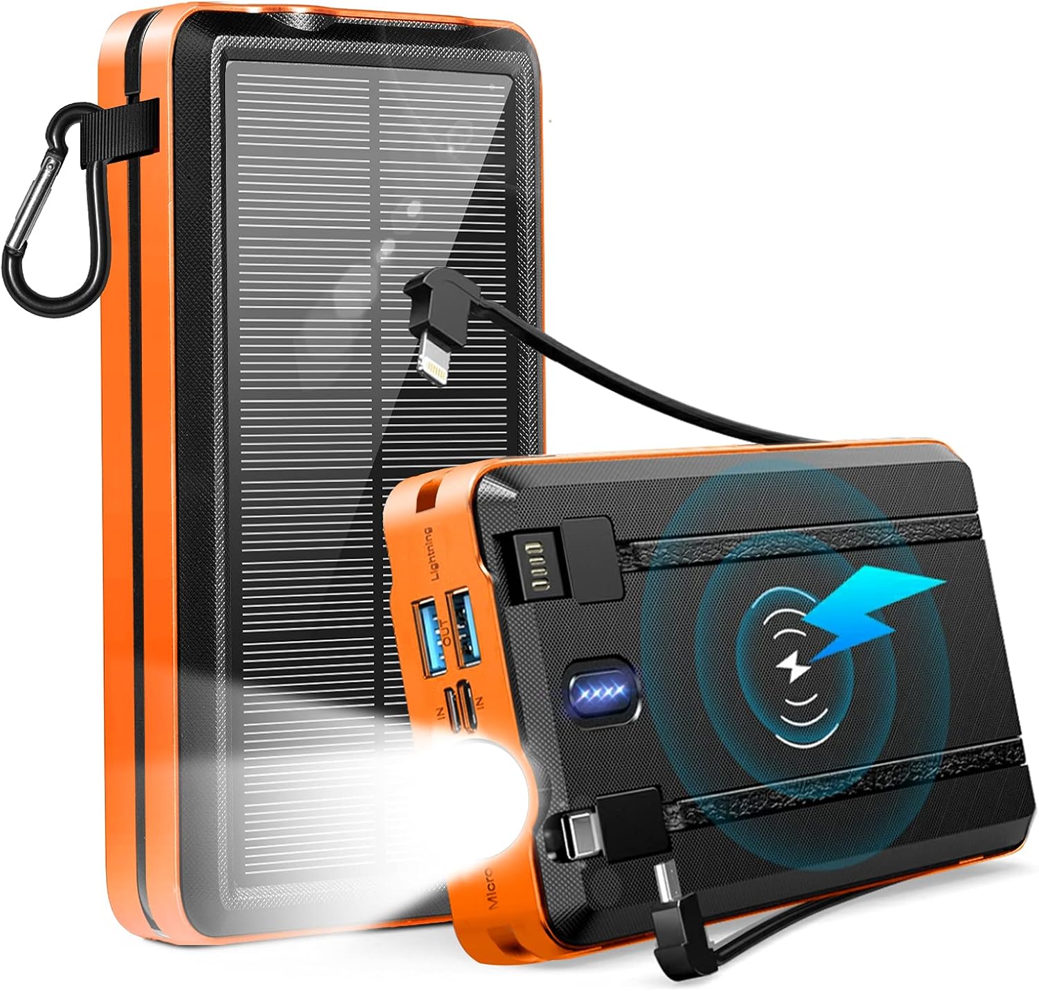 Solar Power Bank 30000mAh Wireless Portable Charger Built in 4 Cables（Type-c，Android，USB，Lighting） Flashlight Compatible with SmartphoneTablet Earphone for Camping, Hiking, Trip（Orange） : Cell Phones & Accessories