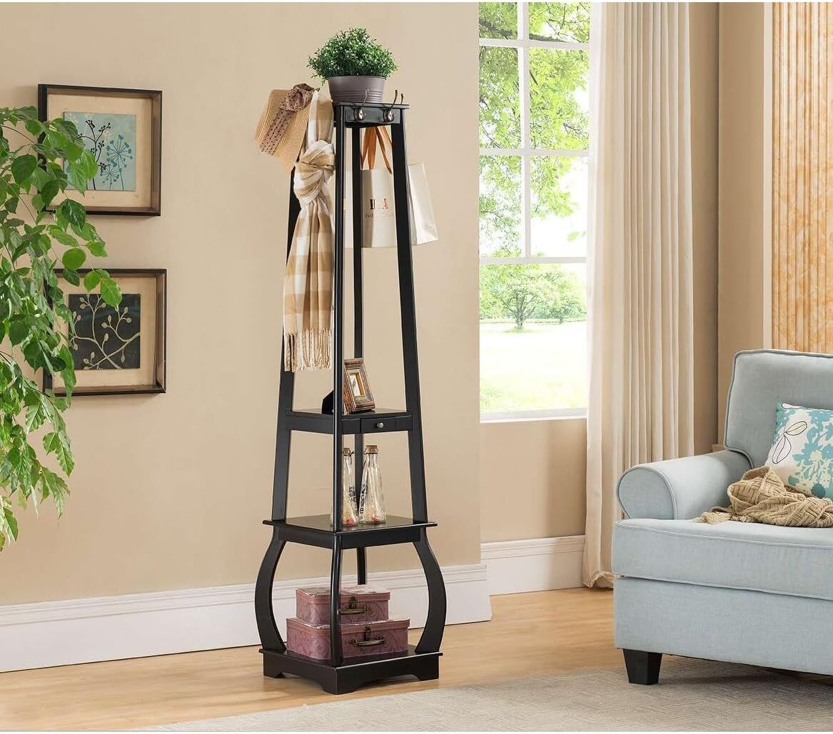 Coat Rack with Storage Shelves Black Cappuccino Finish