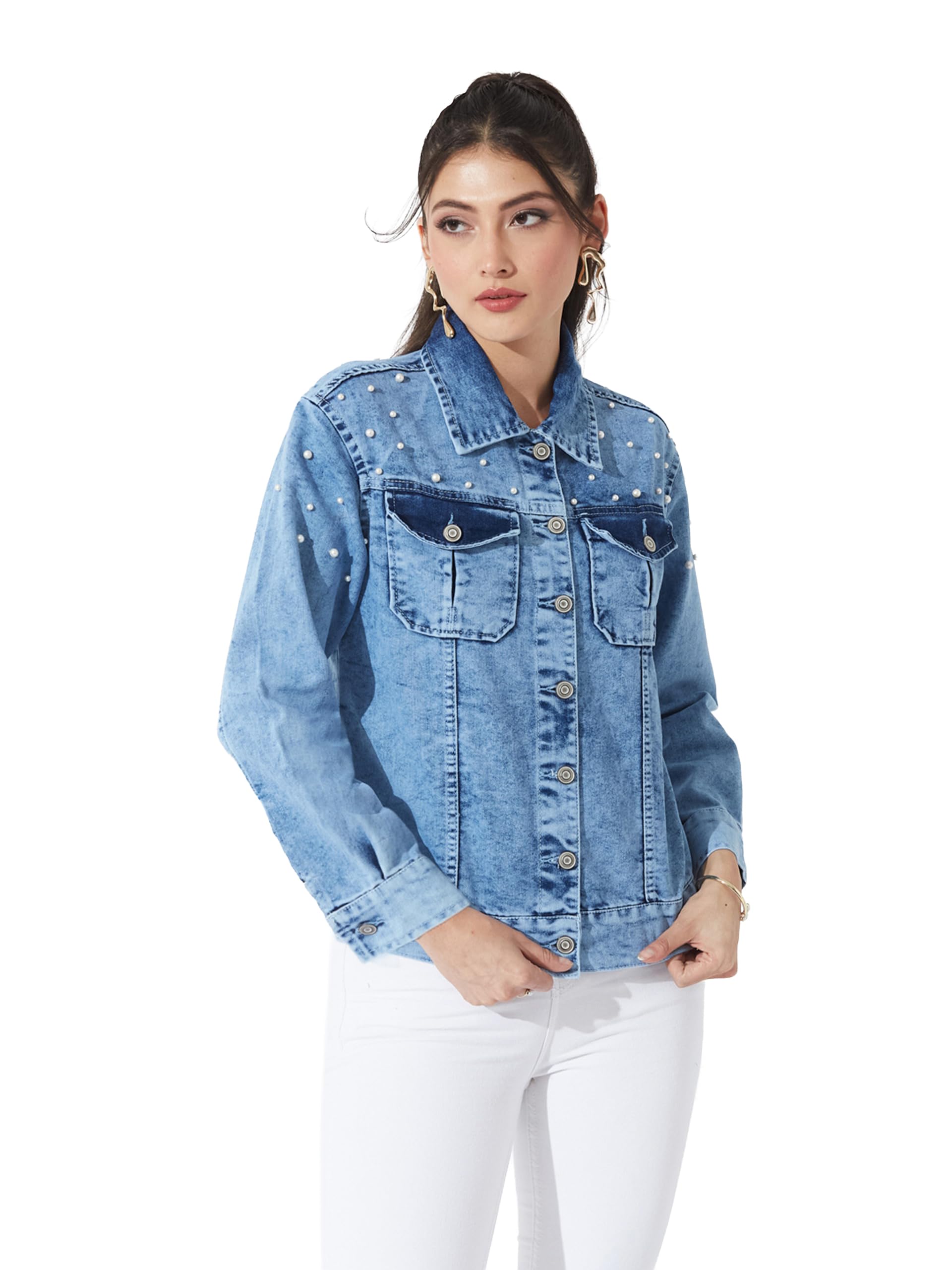 miss chase Women's Light Blue Full Sleeve Solid Embellished Pearl Denim Jacket-picture-30