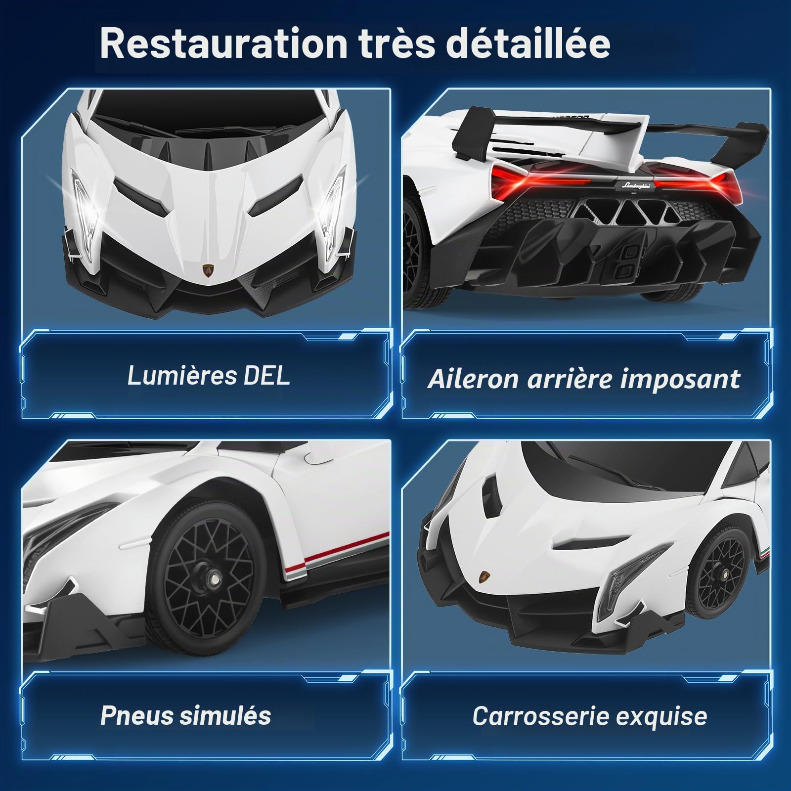 Voiture Télécommandée Drift, 2.4 GHz 1:18 Lamborghini RC Drift Car avec LED, 35 KM/H 4WD Voiture Télécommandée Tout Terrain pour Garcons et Filles 5 6 7 8 9 10 Ans (Blanche)