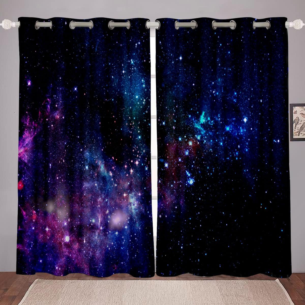 kxry Blue Purple 3D Galaxy Blackout Curtains for Bedroom Living Room Starry Sky Universe Darkening Grommet Curtain 84 Inches Long Window Drapes Treatment Room Decor,2 Panels Set, 52''W x 84''L