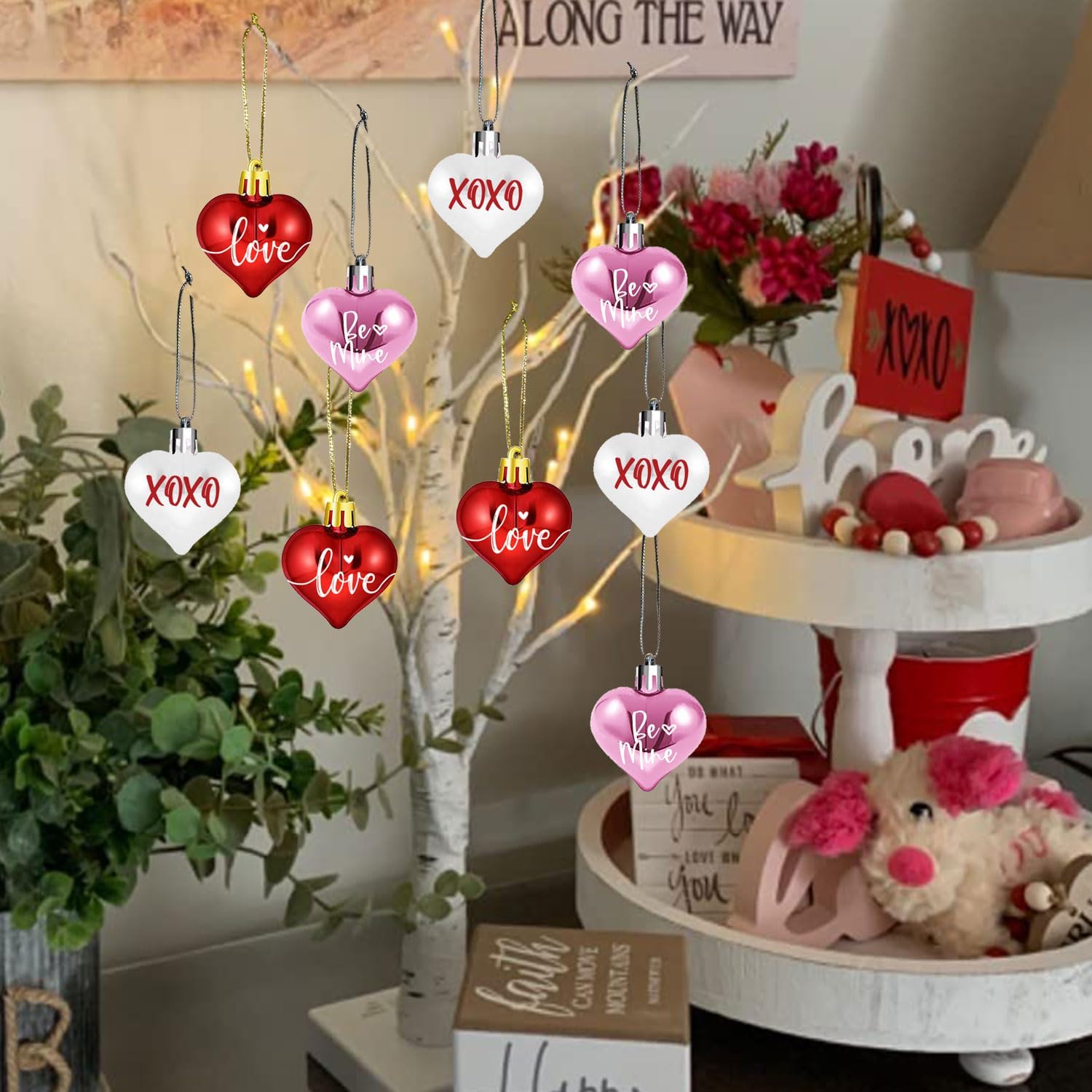 Valentine's Lighted Birch Tree Centerpiece - 24 Inch with 12 Heart Ornaments for Office, Home, Mantel & Desk Decor