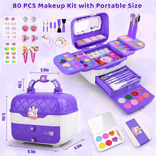 Miniatura 6 de Juego de maquillaje 80 en 1 para niños, juegos de maquillaje lavables para niñas, juguetes de simulación para disfrazarse con estuche de juguetes,