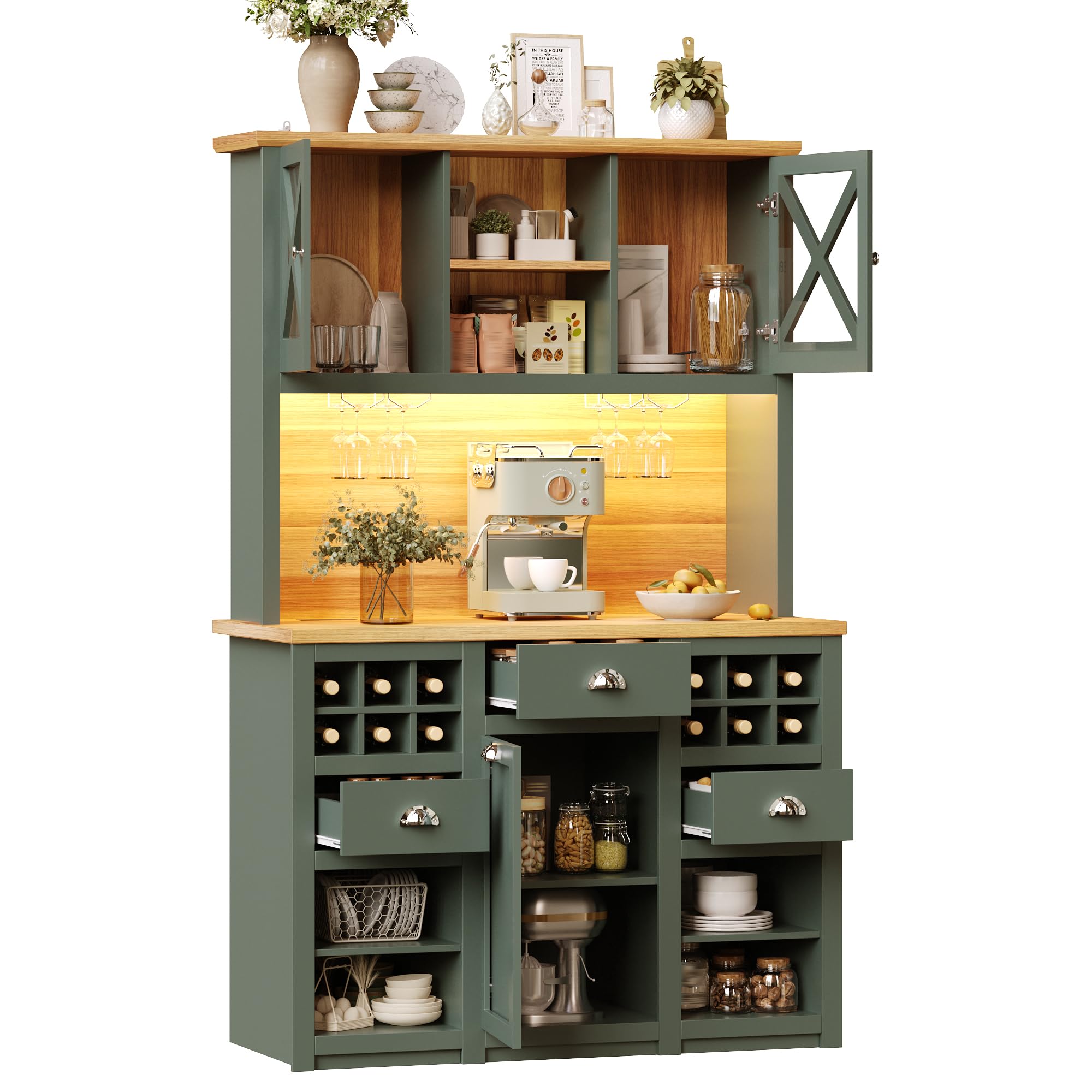 Armadietto da cucina alto (120 x 45 x 188 cm) con ante in vetro, credenza con scaffale per vino, ripiani regolabili, verde, verde antico