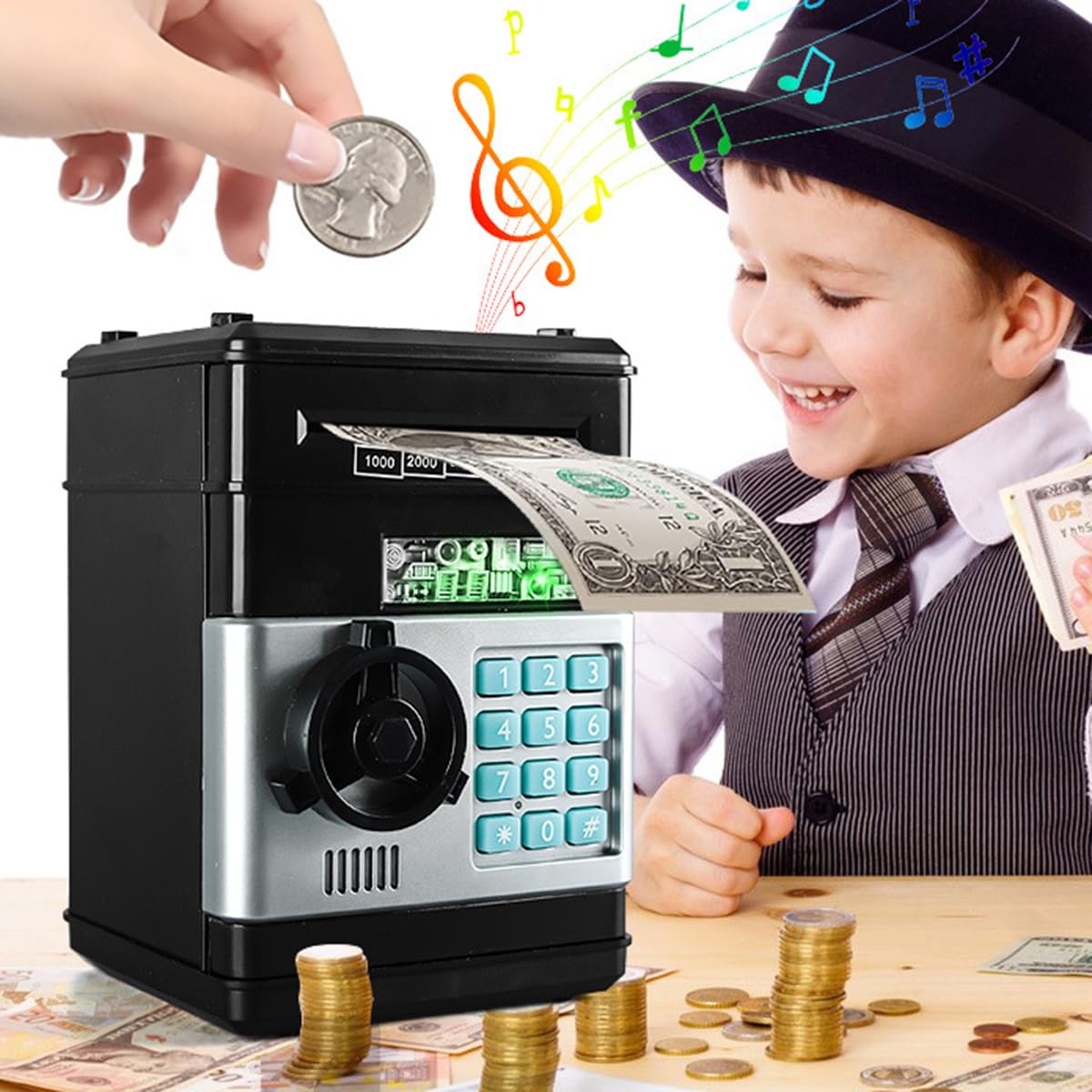 Amazon | 電子貯金箱 紙幣自動挿入 指紋認証システム セキュリティ パスワード 音楽付け 安心機能搭載 暗号開け ダイヤルロック式  現金コイン収納 保存貯金箱 ミニATM電子貯金箱 子供 おもちゃ 誕生日 贈り物 (シルバー) | 貯金箱 | おもちゃ BLINGOOD  紙幣とコイン ...