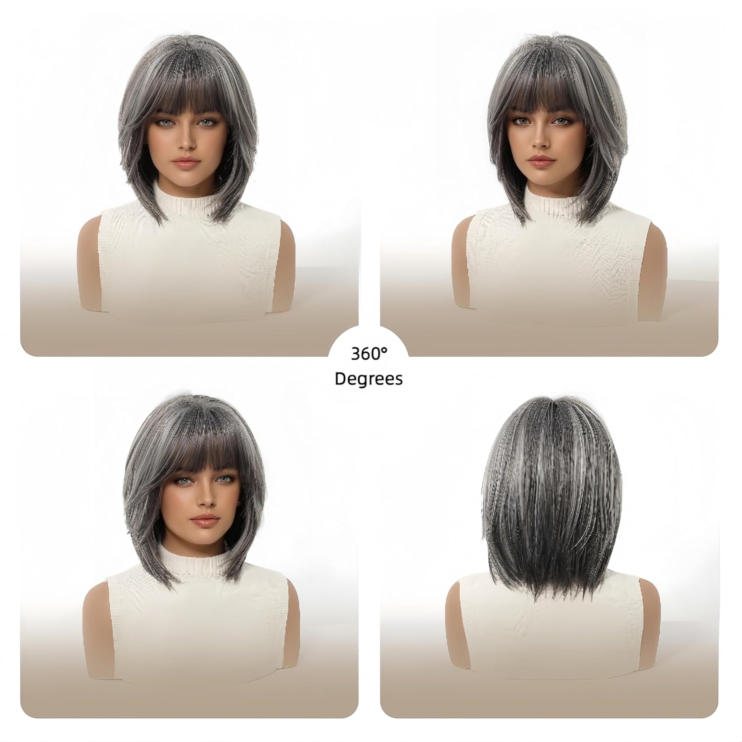 Short Silver Gray Layered Bob Human Hair Wigs With Bangs For Women Natural Look Glueless Breathable Daily Use (Silver Gray,14 inch)