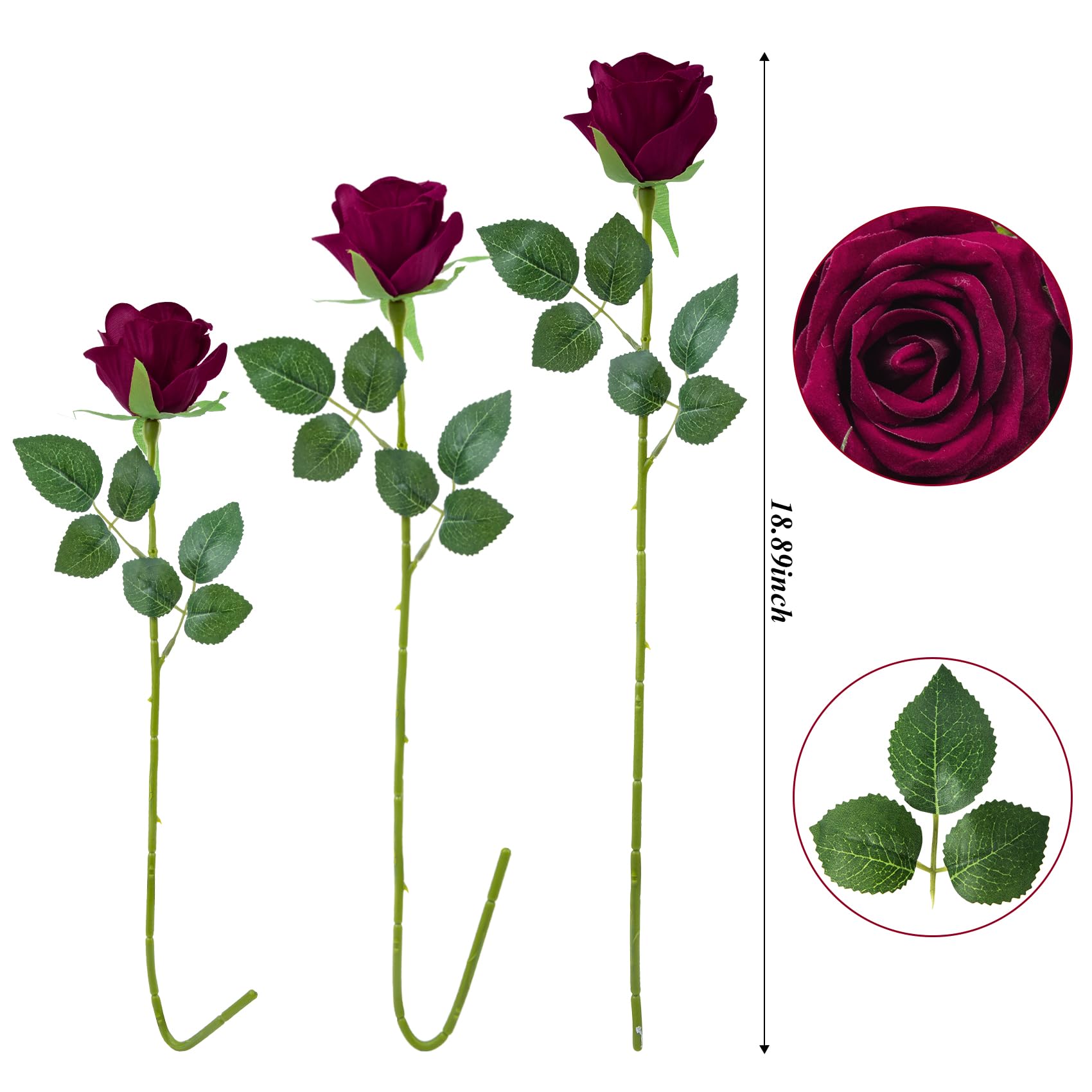 Woltoy 12 Pcs Dark Red Artificial Velvet Roses, Real Touch Fake Rose with Single Long Stem - Image 2