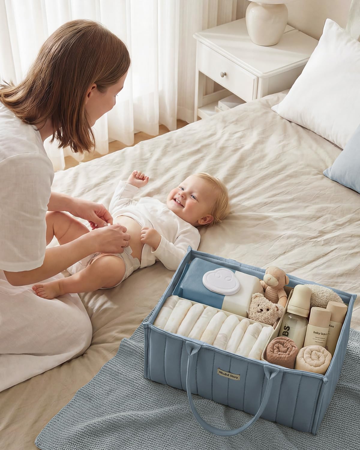 Blissful Diary Organizador de pañales para bebé, elegante cesta de