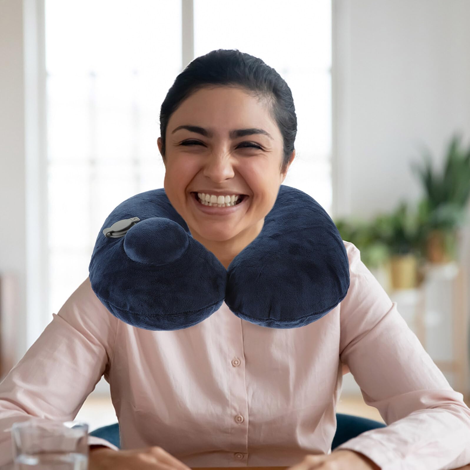 Almohada Inflable Cuello U Ergonómica para Viaje Soporte Cervical Portátil con Funda para Avión Oficina Hogar Color Azul Oscuro