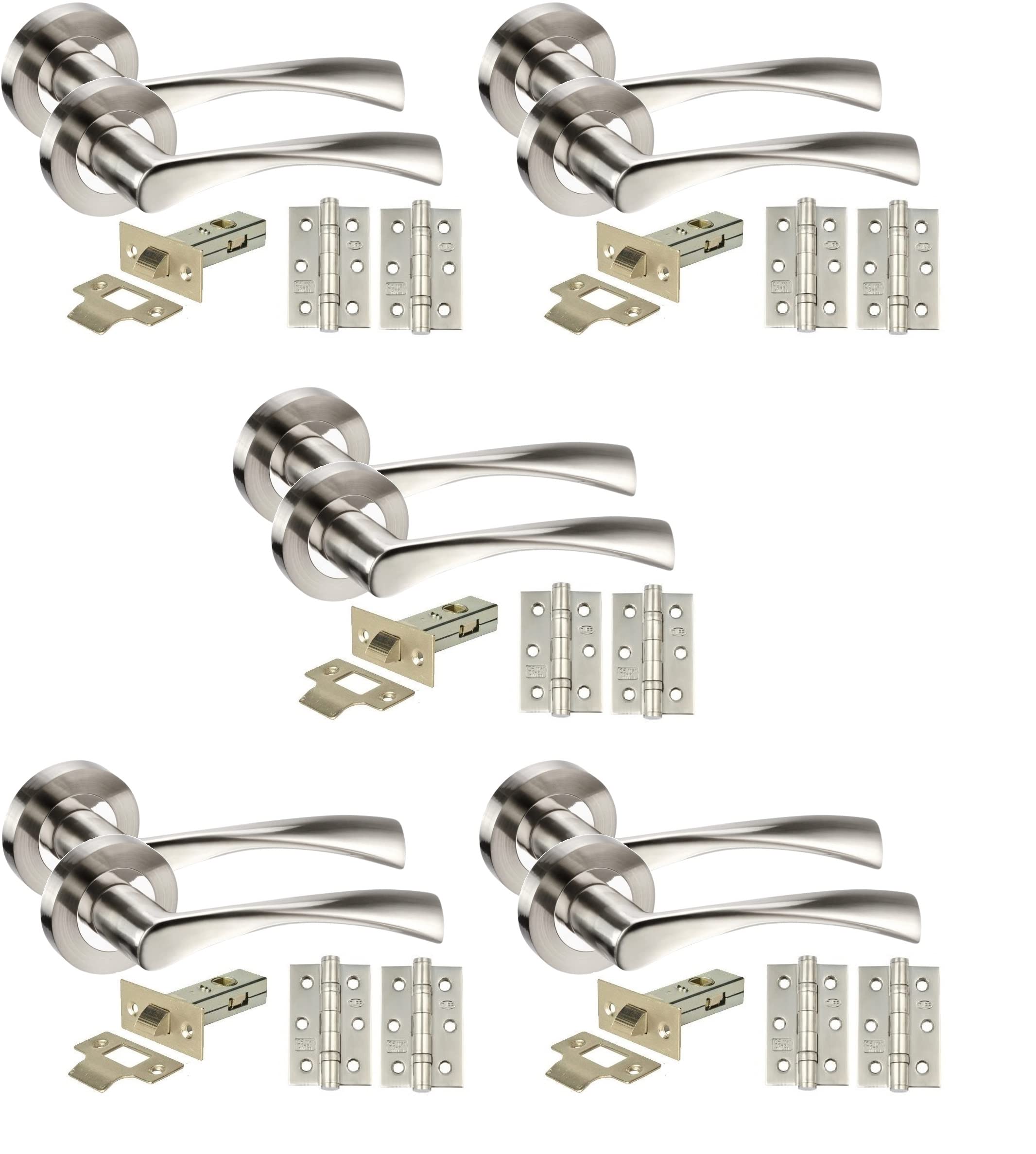 Golden Grace 5 Sets of Twist Astrid Style Modern Chrome Door Handles on Rose with Duo Finish Door Lever Latch Pack with Ball Bearing Hinges and 64mm Tubular Latch (5 Sets)