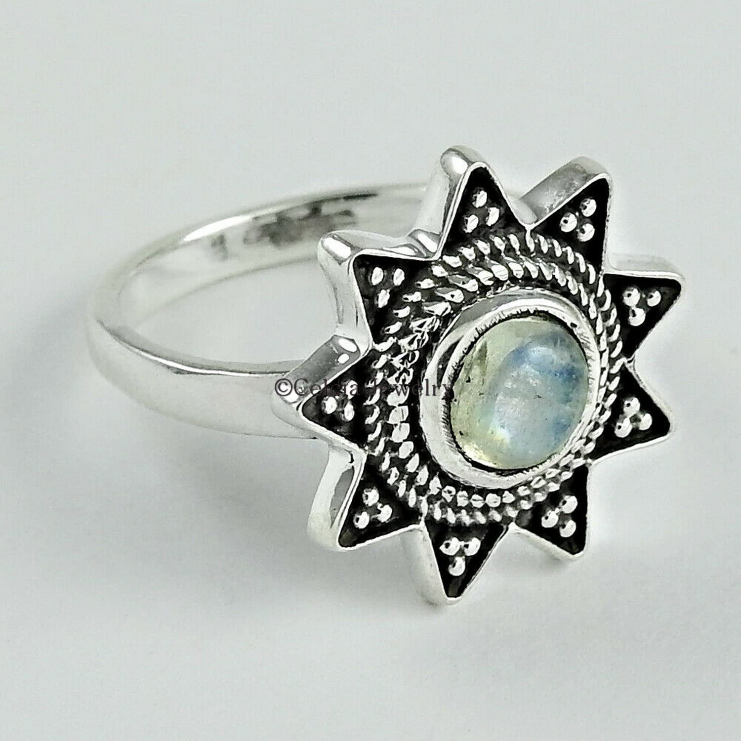 Plata de ley 925, anillo de piedras preciosas curativas naturales con piedra lunar arcoíris, joyería única con diseño de flores para mujeres, anillo floral vintage, piedra natal de junio