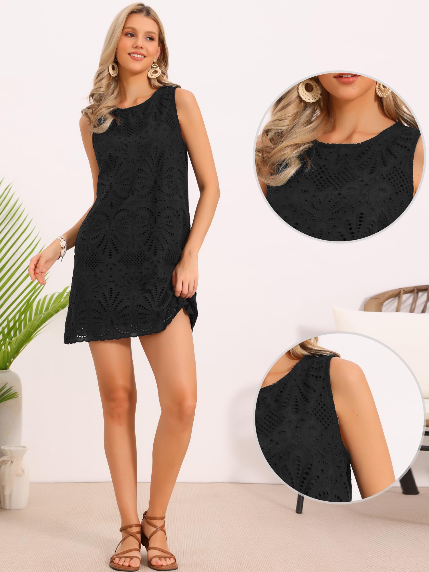 Allegra K Damen Minikleid Ärmellos Sommer Lässig A-Linie mit Lochstickerei Blumen Spitzen Kleid