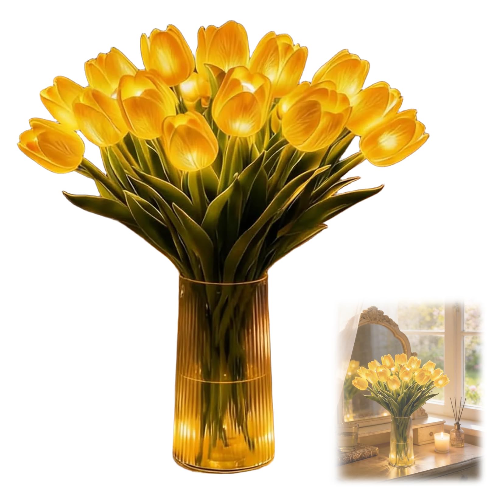 Radiant Romantic Tulip Light, Twinkling Tree Tulips Led Night Light, 15 PCS Tulips Tree Ambient Night Lamp, that Never Fade, for Bedroom Bedside Decor & Gift (Yellow)