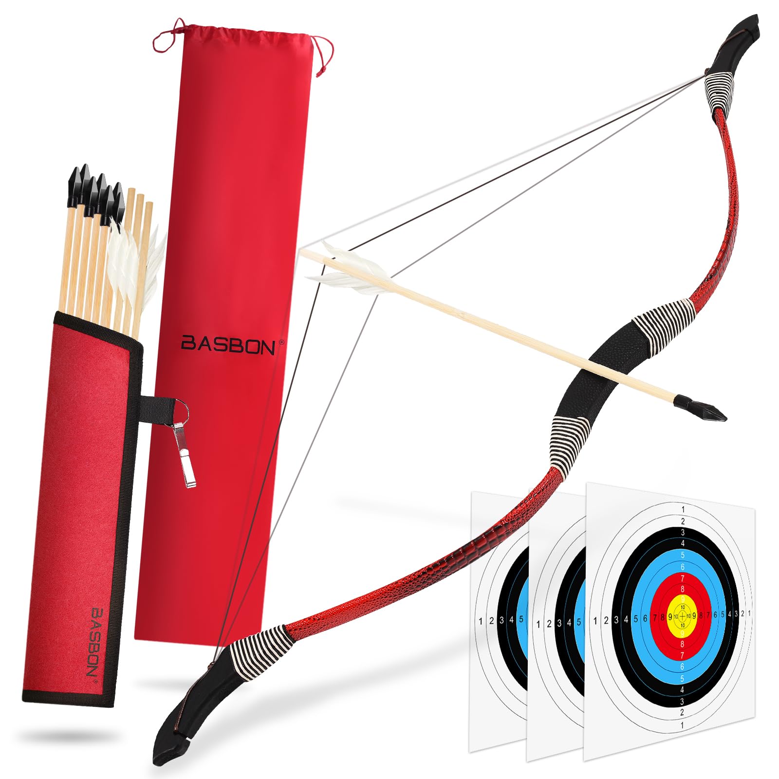 Kids Bow and Arrow Set, 33? Archery Set Wrapped in Microfiber Leather Wooden Toy Bow and Arrow for Kids 6-8 8-12, 7 Wood Arrows, 3 Feathered Arrows (Rubber Tip), Gifts for Youth Boys Girls, Red