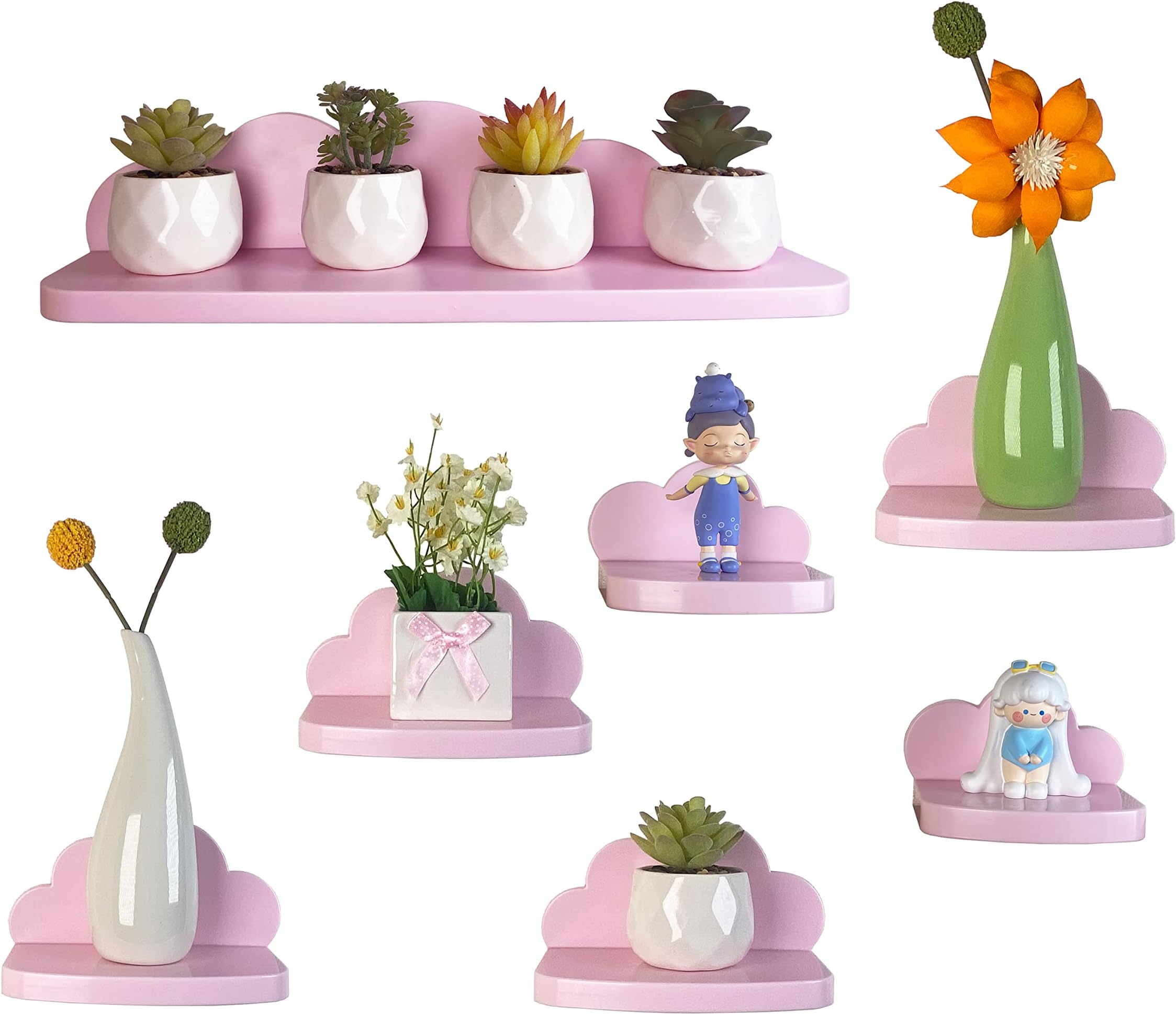 Veluckin Small Floating Shelves Mini Cloud Shelves Hanging Display Wall Shelf for Kids Bedroom,7 Pack,with 2 Types of Installation,Pink-L