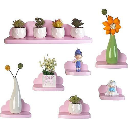 Veluckin Small Floating Shelves Mini Cloud Shelves Hanging Display Wall Shelf for Kids Bedroom,7 Pack,with 2 Types of Installation,Pink-L