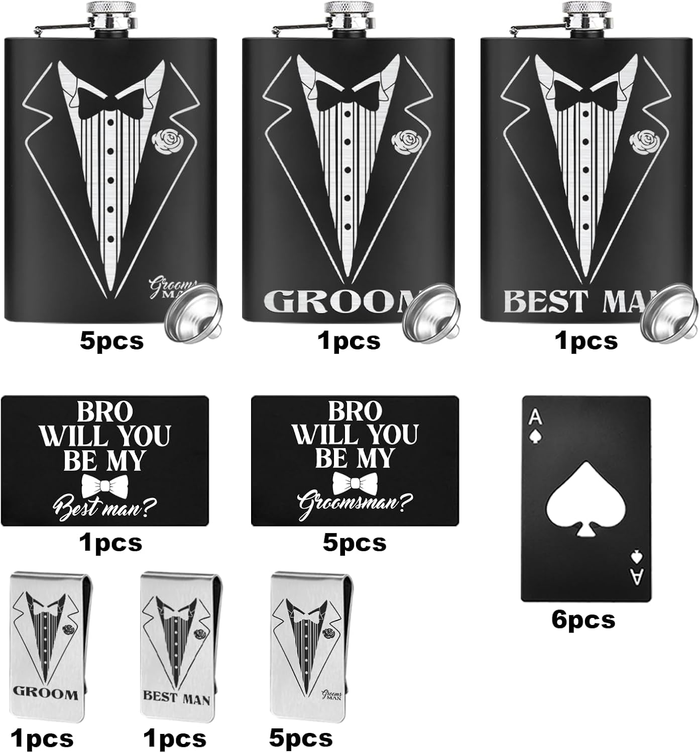 33 Pcs Groomsmen Proposal Gift - 8 Flasks 8 Funnel 8 Bottle Opener 6 Invitation Card 7 Money Clip, Groomsmen Gifts Set of 7 for Wedding