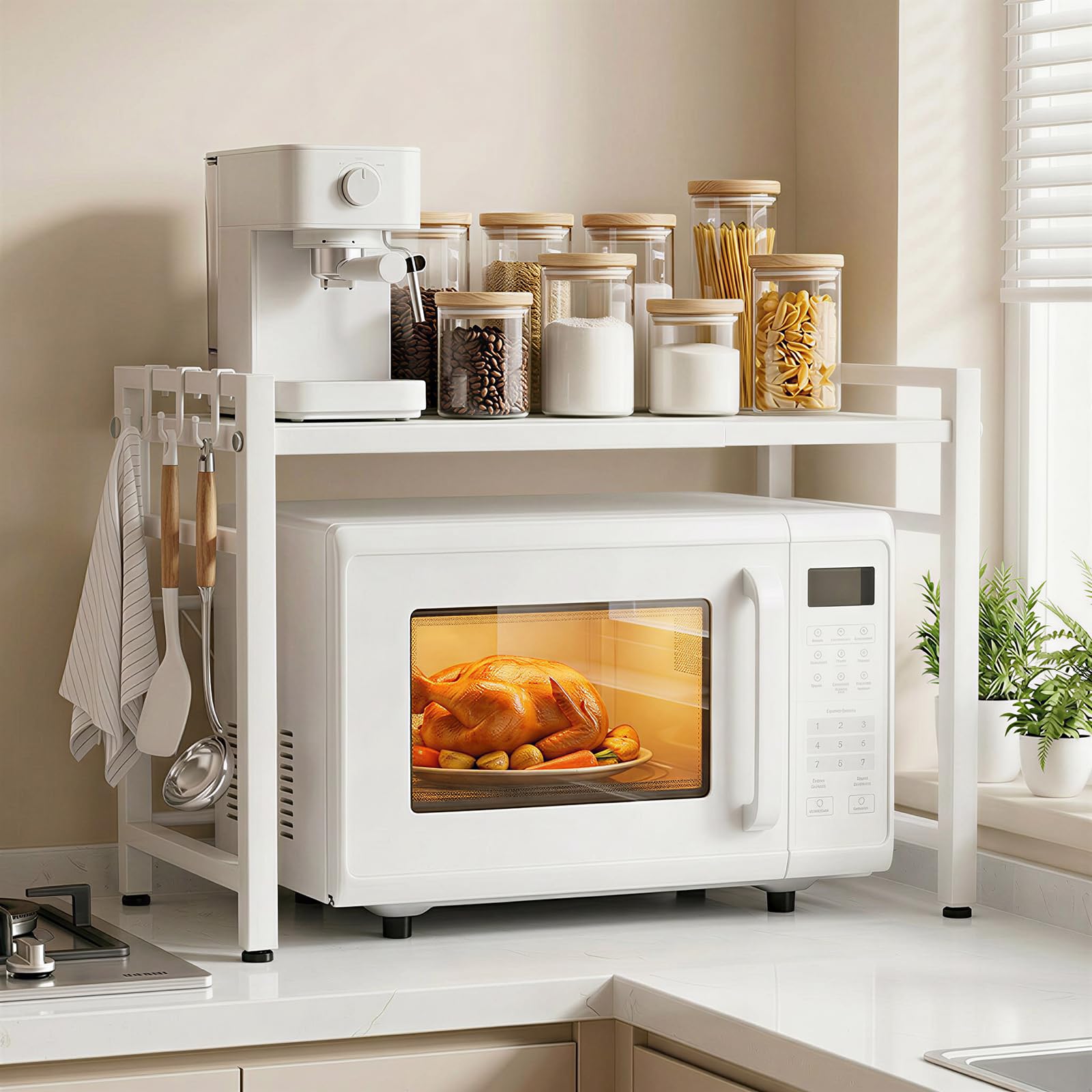 ALANNG Mikrowellen Regal, Mikrowellenregal Küche Arbeitsplatte, Küchenregal Stehend für Backofen/Kaffeemaschine, Stabile Microwave Stand mit 6 Haken