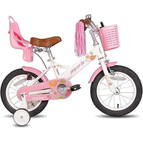 JOYSTAR Little Daisy Kids Bike for 2-7 Years Girls with Training Wheels & Front Handbrake 12 14 16 Inch Princess Kids Bicycle with Basket Bike Streamers Toddler Girl Bikes, Blue Pink White