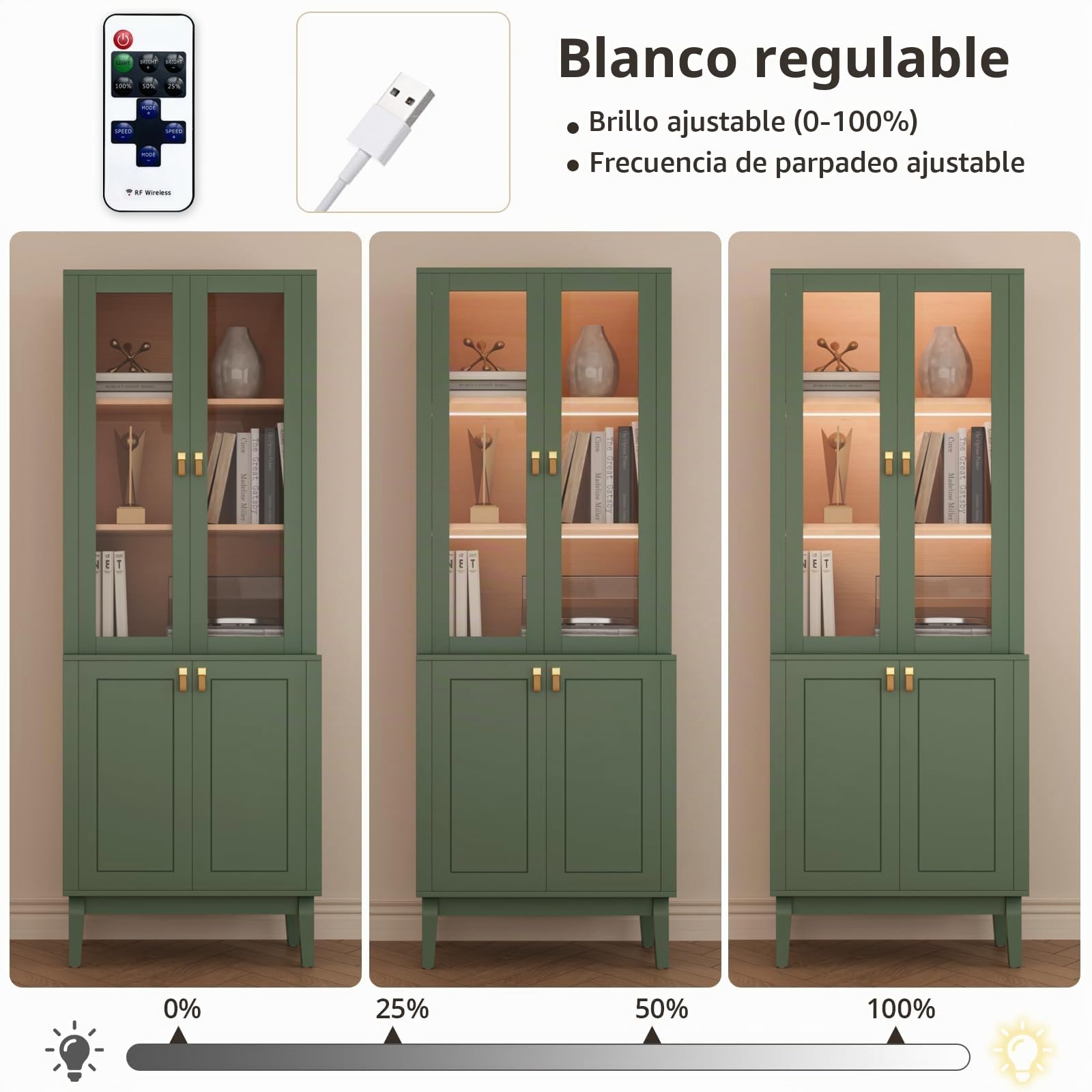 VOWNER Muebles de TV 240cm, Armario para TV con Puertas de Vidrio y Estantes, Mueble Salón con Luz LED Integrada para TV hasta 50 Pulgadas, Gabinete de Almacenamiento Moderno (Verde, 4PCS)