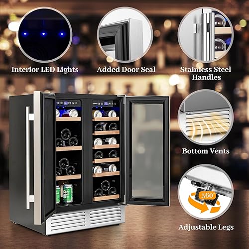 Miniatura 8 de COSTWAY Refrigerador de vino y bebidas, enfriador de bebidas de doble zona de 24 pulgadas con cerradura, puerta de acero inoxidable, refrigerador de