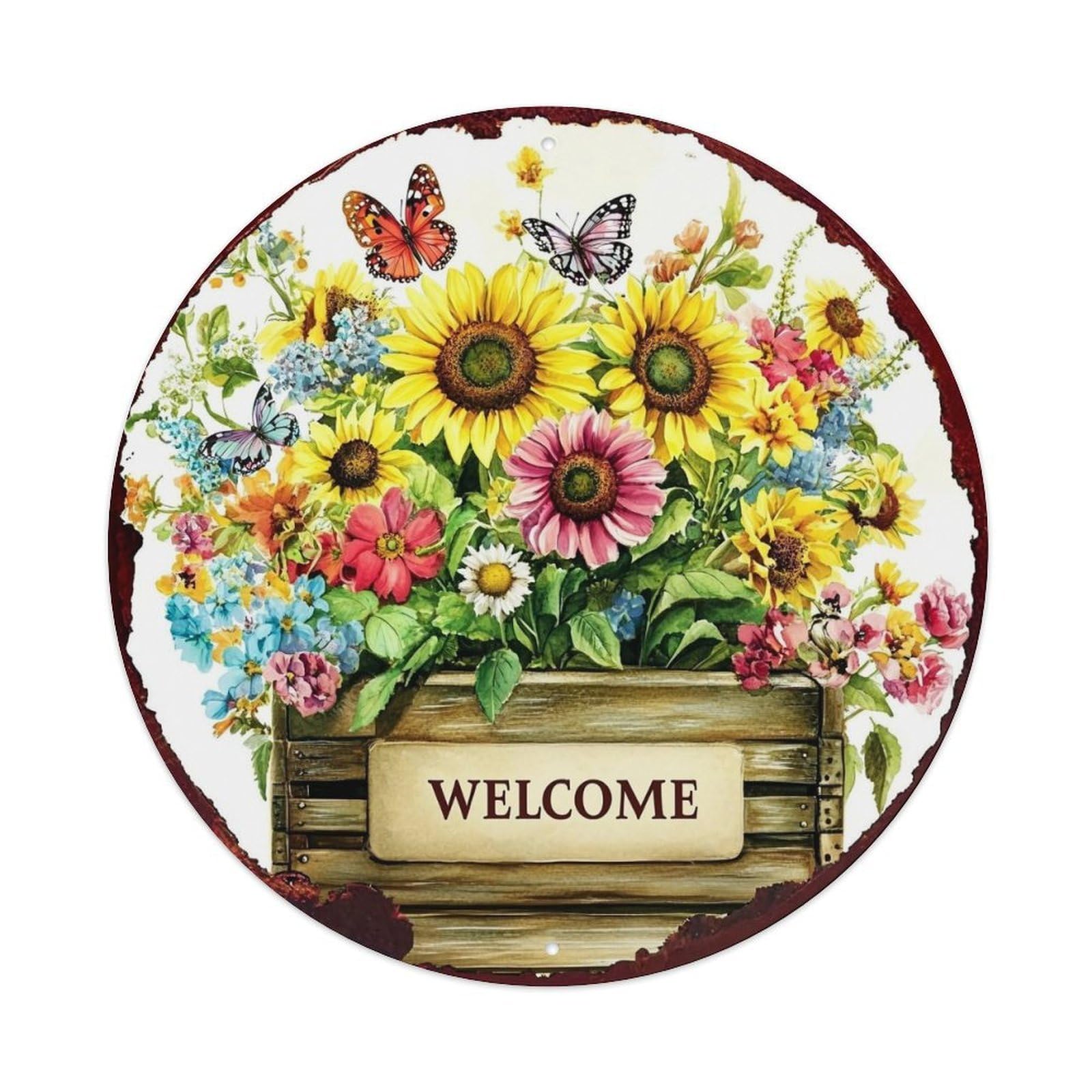 Floral Bouquet With Butterflies And Welcome Sign Round Tin Sign Vintage Metal Sign Home Bar Garden Indoor & Outdoor Wall Decor Retro Metal Poster 8x8 Inch