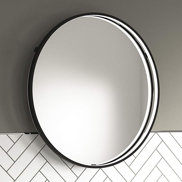 Pebble Grey Luna Black Frame Circular LED Illuminated Bathroom Mirror Round with Demister Pad & Sensor Switch Fully Certified to British Standards 600mm(W) X 600mm(H) [Energy Class A]