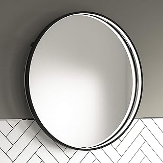 Pebble Grey Halo Noir Black Frame Circular LED Illuminated Bathroom Mirror Round with Demister Pad & Sensor Switch Fully C...