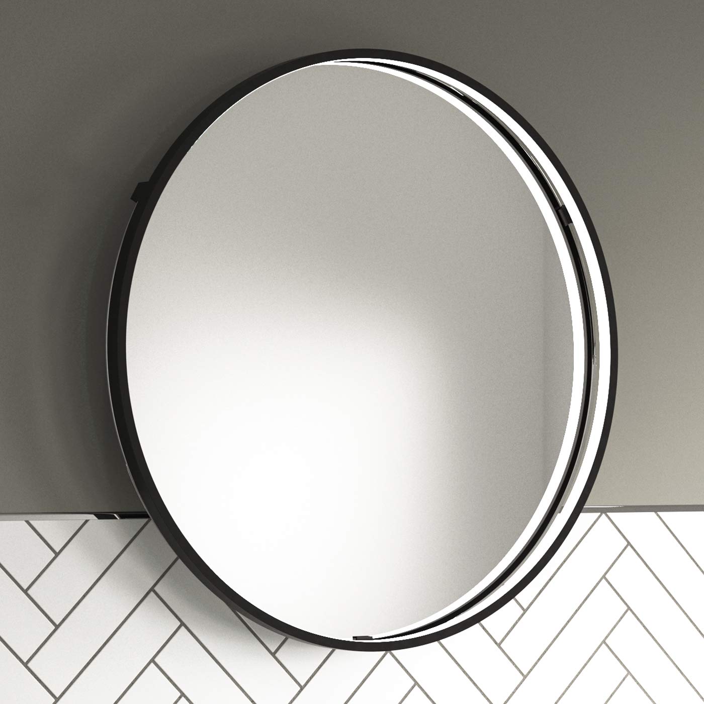 Pebble Grey Black Illuminated Bathroom Mirror with LED Lights 600mm IP44 Rated - Luna Round Non Dimmable LED Bathroom Mirrors with Lights, Demister Pad, & Touch Sensor, Aluminium Framed Mirror
