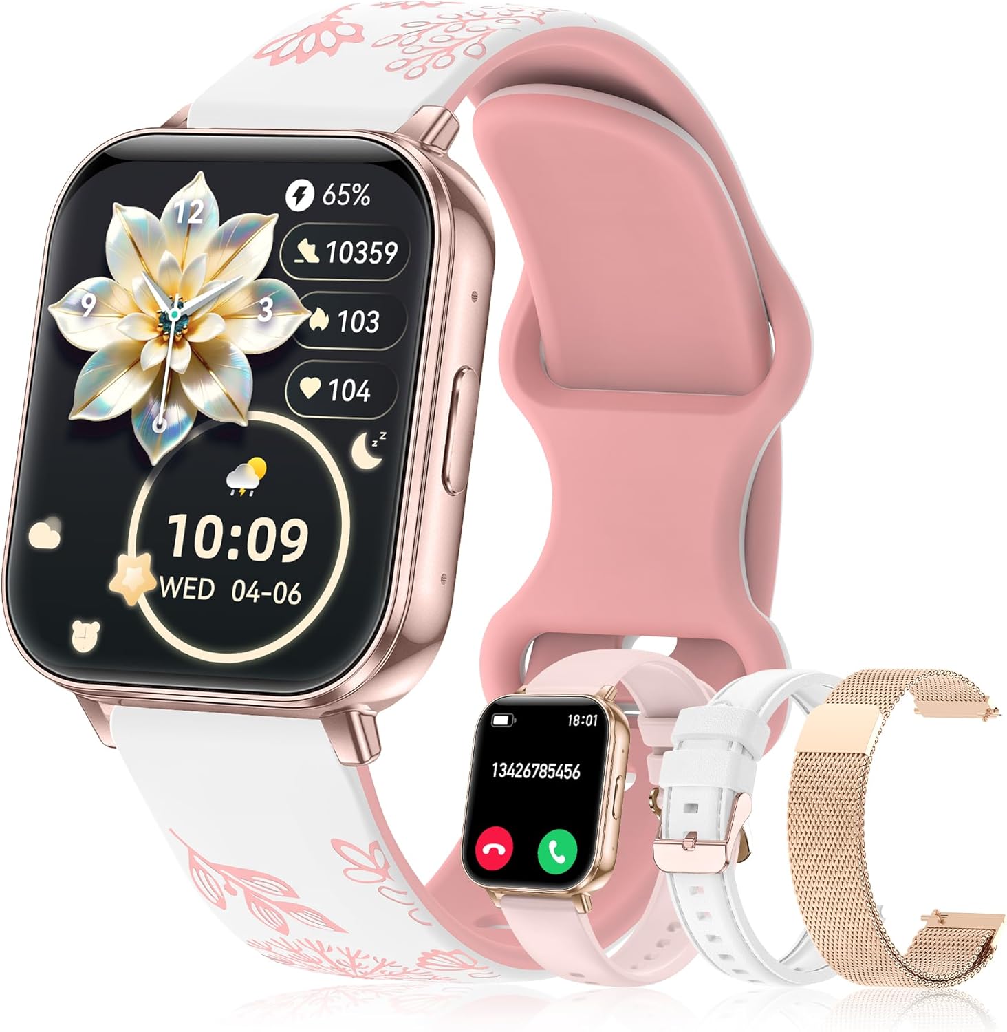Smart Watch for Women, 1.85″ HD Fitness Tracker with Bluetooth Call, 1000mAh Battery, 130+ Sports Modes, Heart Rate/Spo2/Sleep Monitoring, IP68 Waterproof with 4 Bands, Compatible with iOS/Android