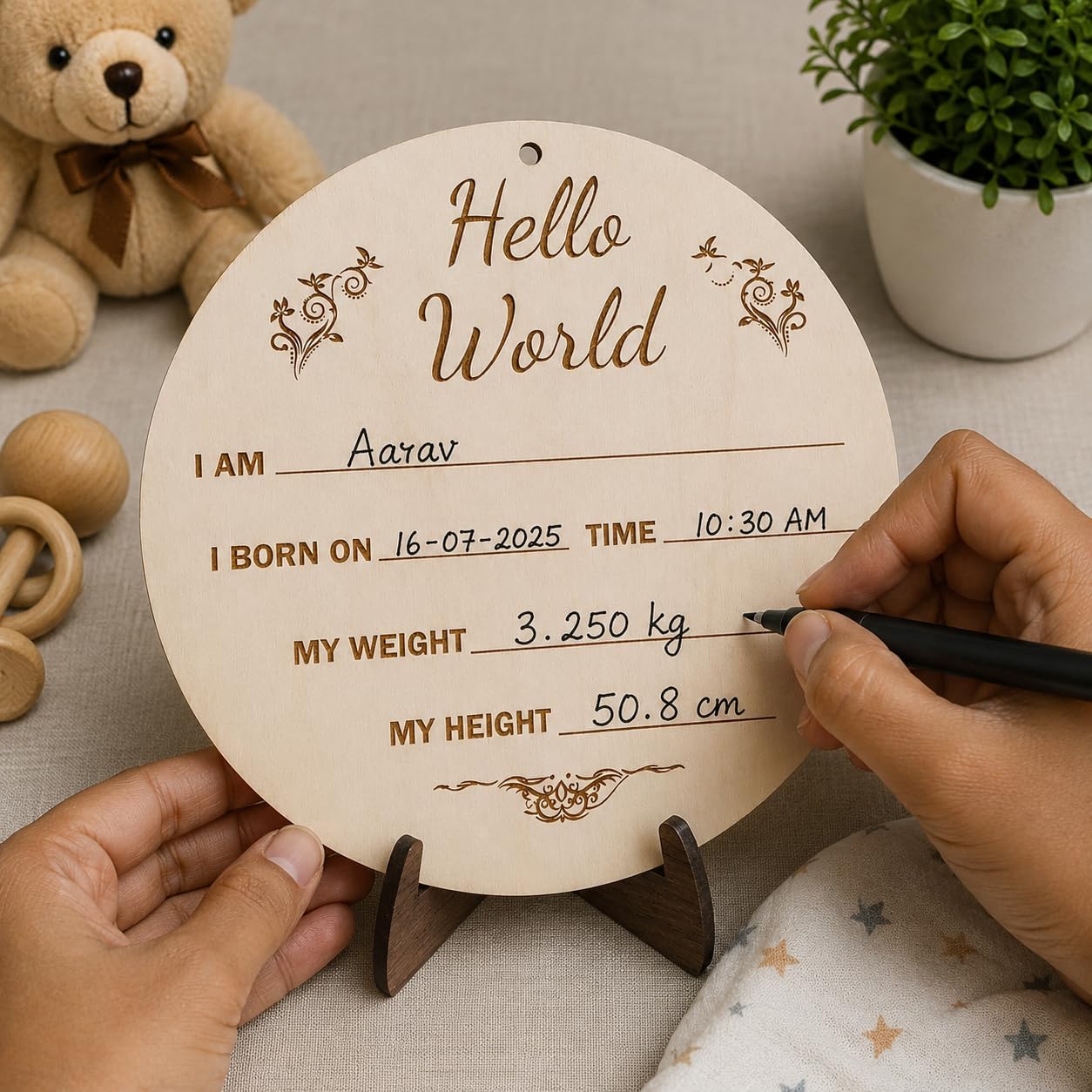 Hello World Baby Plaque - Newborn Photo Prop -3