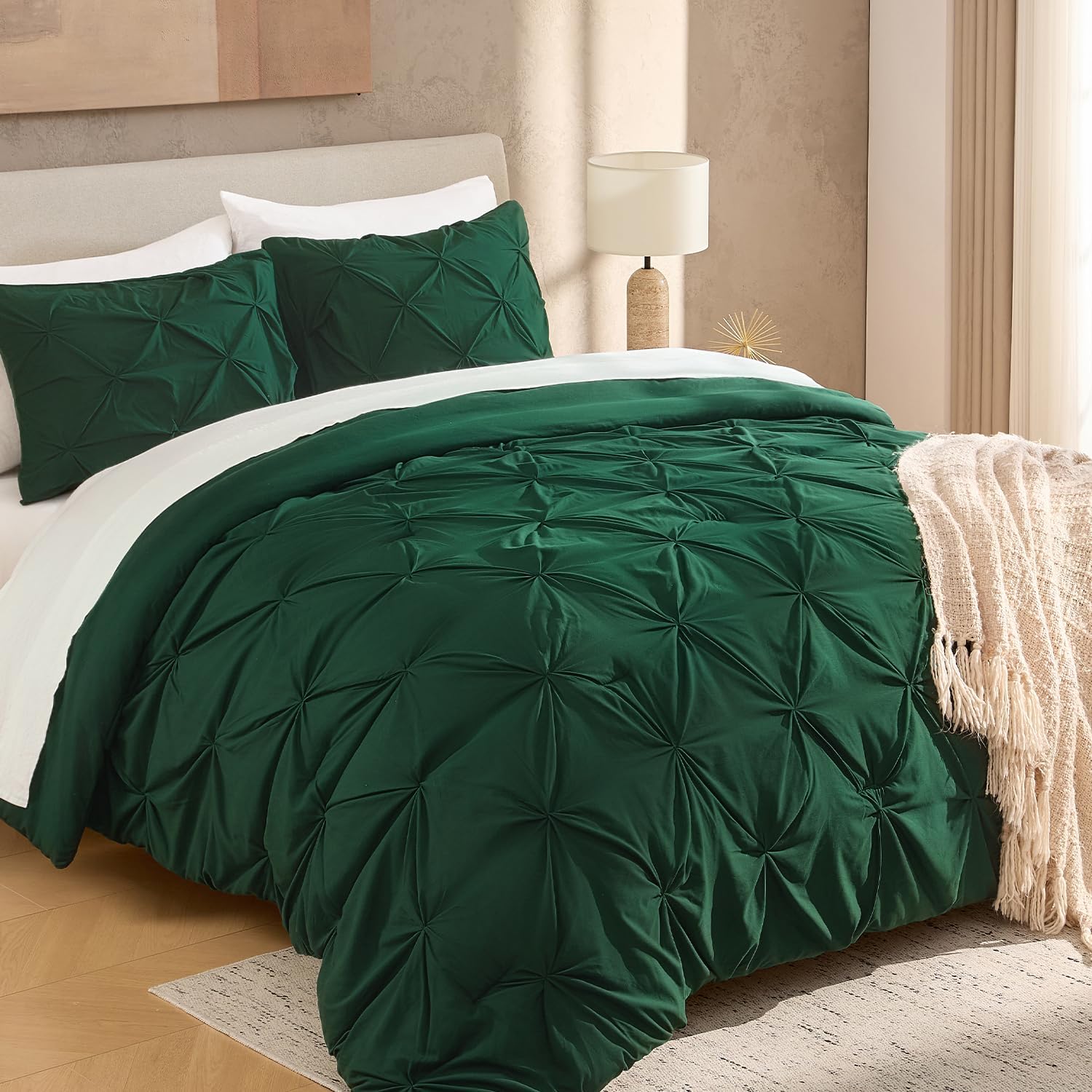 Andency Dark Green Pinch Pleat Comforter Twin(66x90Inch), 2 Pieces(1 Pintuck Comforter, 1 Pillowcase) Microfiber Pintuck Comforter Set Down Alternative Comforter Bedding Set