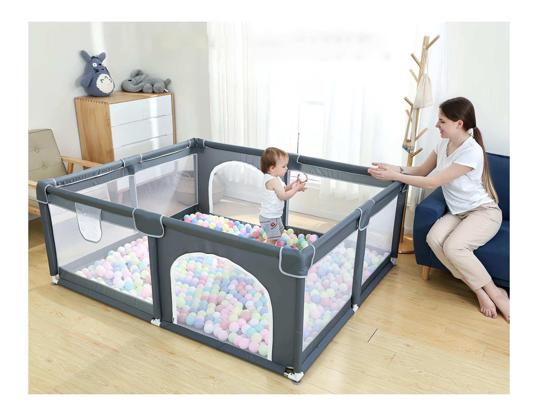 Baby Playpen, Portable Playpen for Babies and Toddlers, Sturdy and Safety Playard with Soft Breathable Mesh, Indoor and Outdoor Baby Fence, Gray - 120 x 120cm