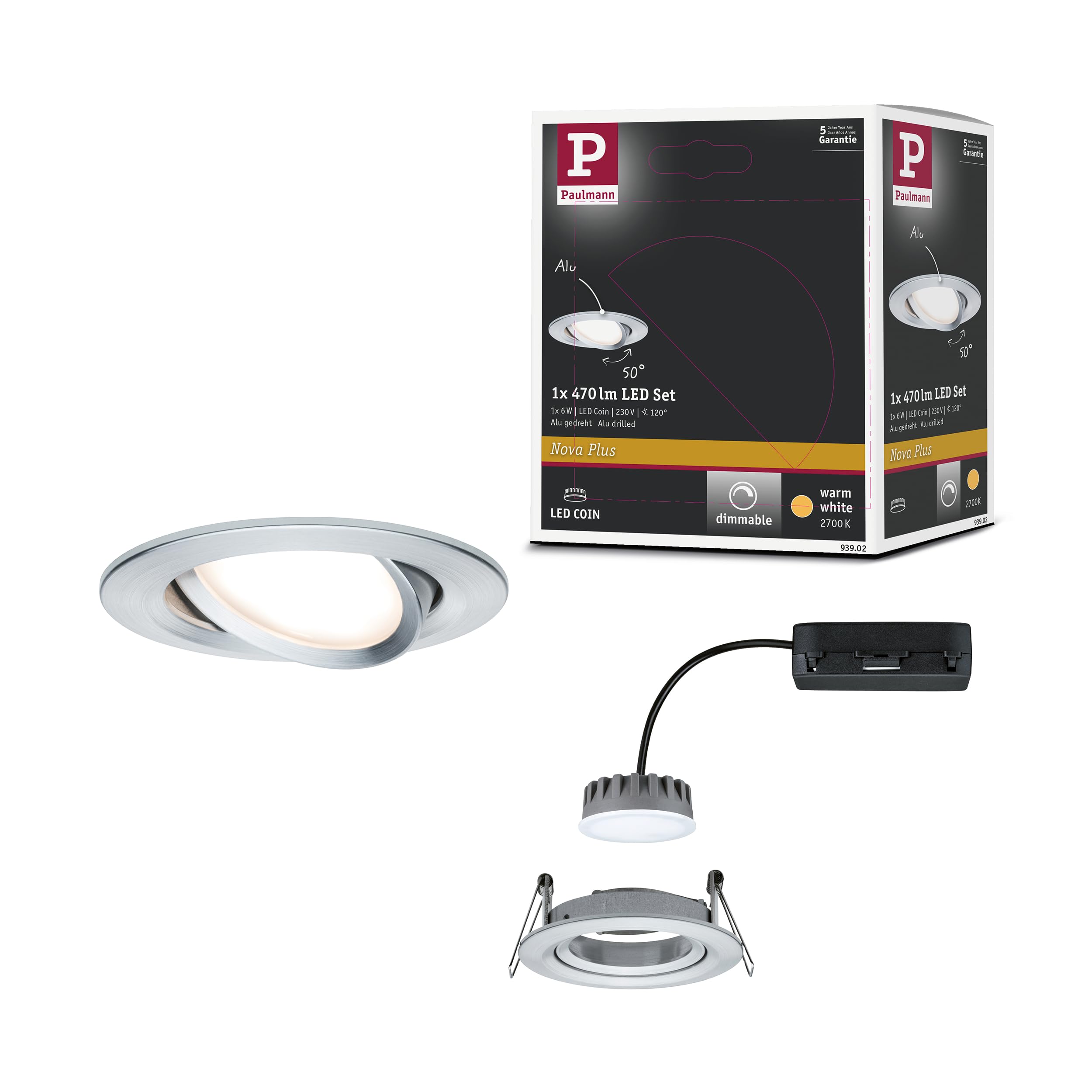 Paulmann Premium EBL Set Coin Slim dimmbar rund schwenkbar LED 1x6,8W 2700K 230V 51mm Alu ged./Alu