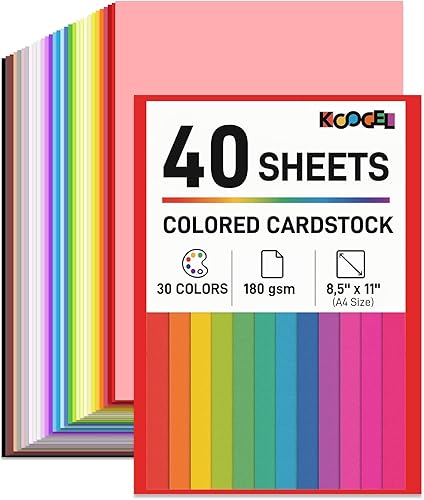 Miniatura 7 de Koogel 40 hojas de papel de construcción A4, papel de manualidades, cartulina de color, papel de arte resistente para manualidades, tarjetas,