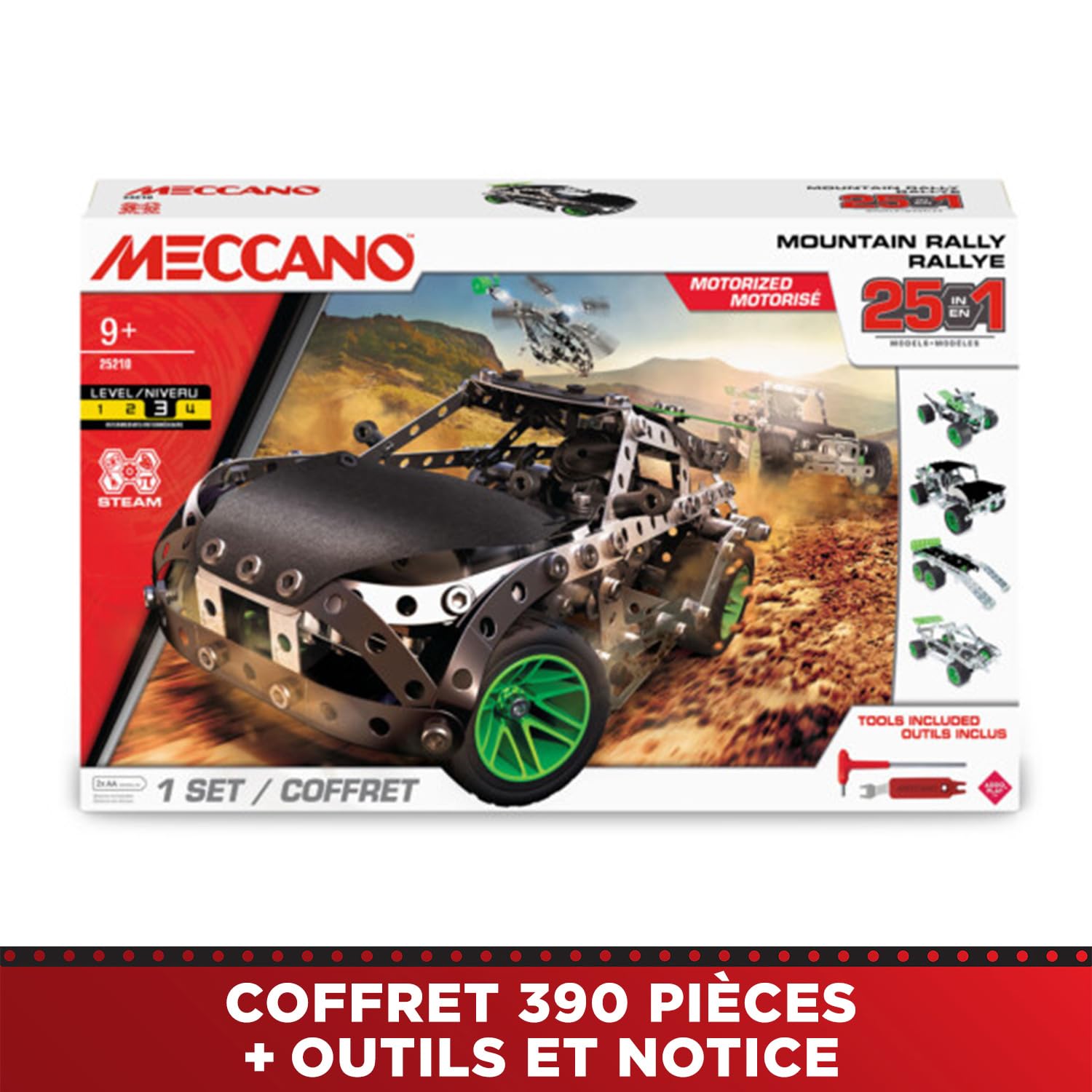 BANDAI - Meccano Mountain Rally 25 en 1 - Coffret de Construction 25 Modèles - 390 pièces, Moteur, Outils, Notice - Kit Activité Assemblage Voiture de Rallye - Jouet Enfant 10 Ans et + - APM11111