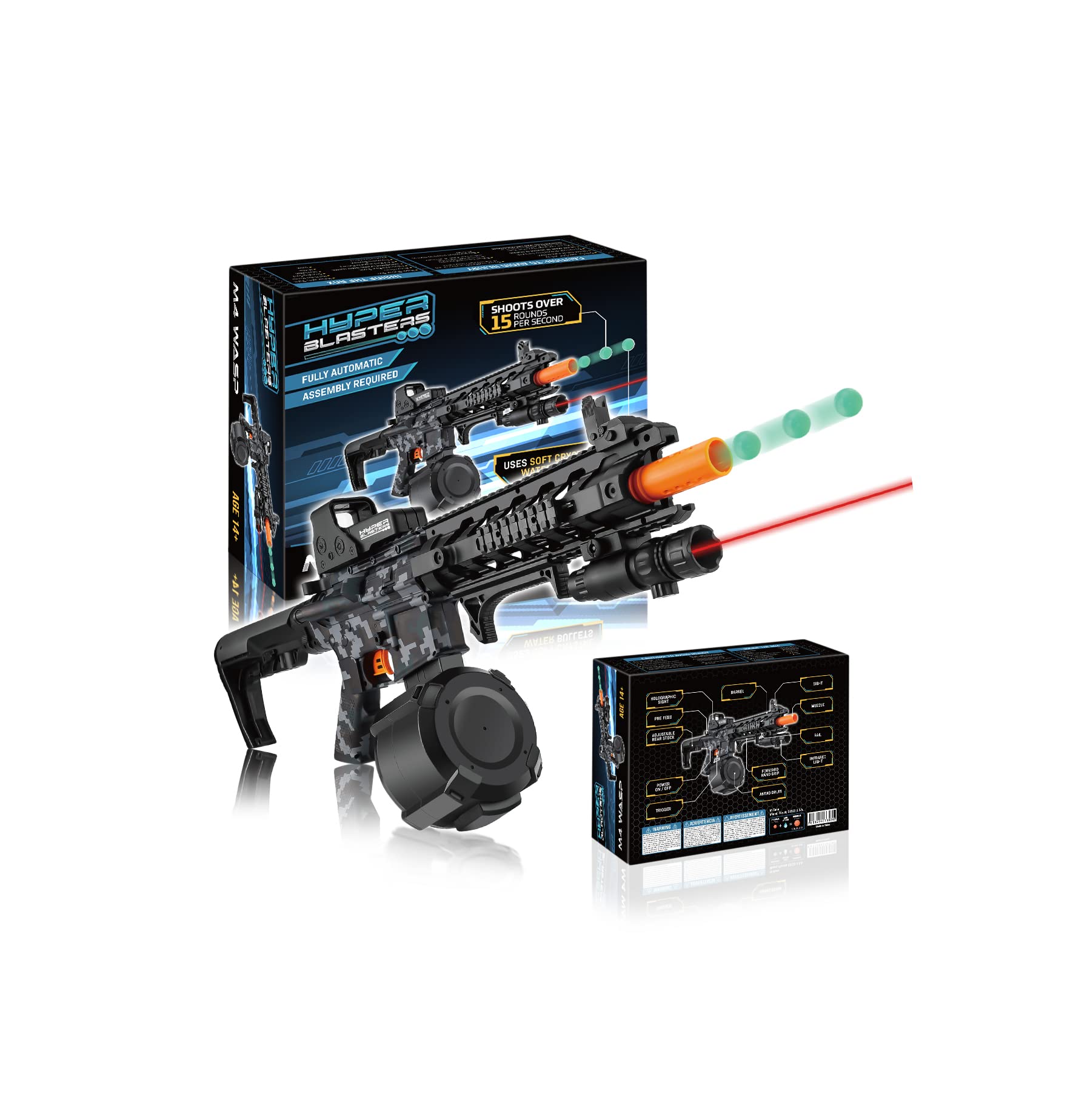 HyperBlasters M4 Wasp Gel Ball Blaster with 1000 Round Capacity Ammo Drum – Splatter Ball Blaster Includes 50,000 Planet Friendly and No- Stain Water Beads- Fun and Exciting Electric Orby Blaster