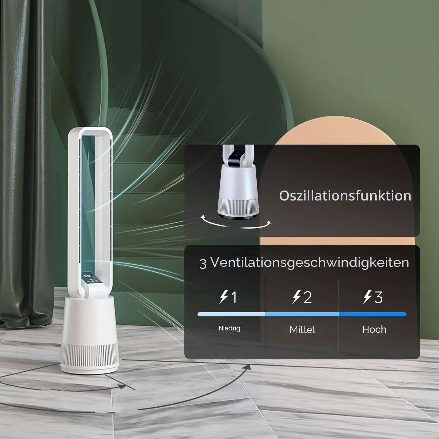Avilia - Leiser Turmventilator mit Fernbedienung und LED-Display, 3 Geschwindigkeiten, Timer und Oszillation, Standventilator ohne Flügel für frische Luft, gleichmäßiges und modernes elegantes Design